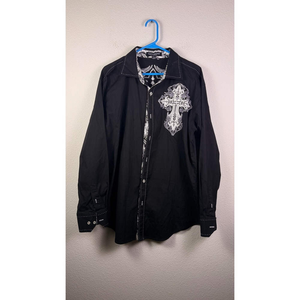Victorious Shirt Mens Black Long Sleeve Gothic Cross Embroidered Button Up